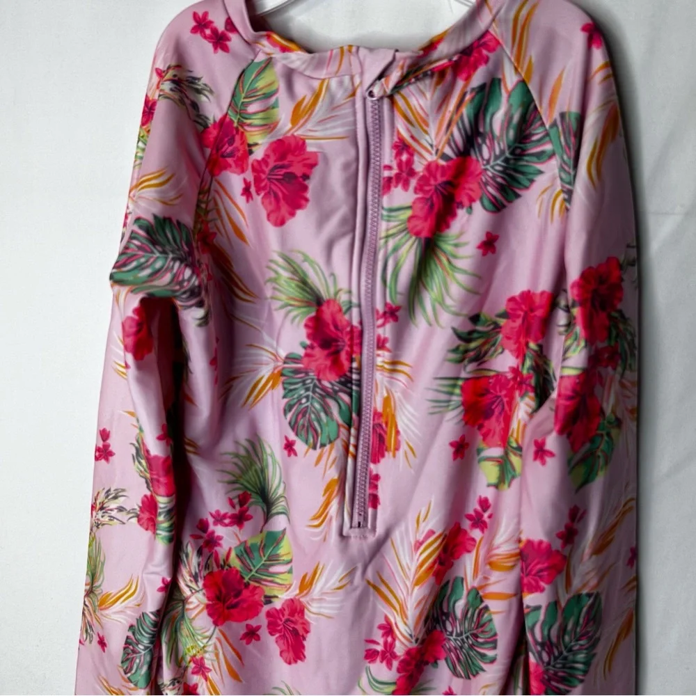 Art Class Pink Floral Girl’s Onepiece Swimsuit Rashguard Long Sleeve Size 10-12